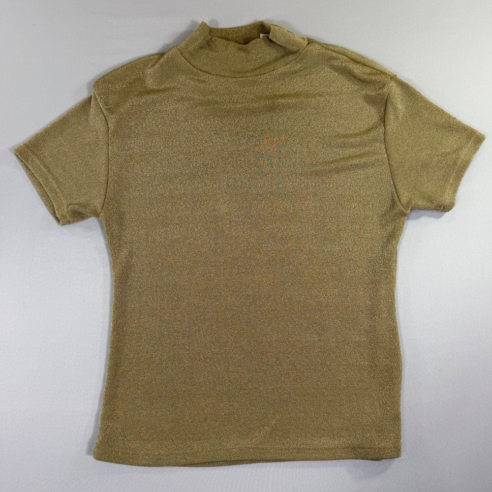 Vintage Kitty Hawk Vivian Wang Gold Metallic Mock Neck Short Sleeve Shirt Large